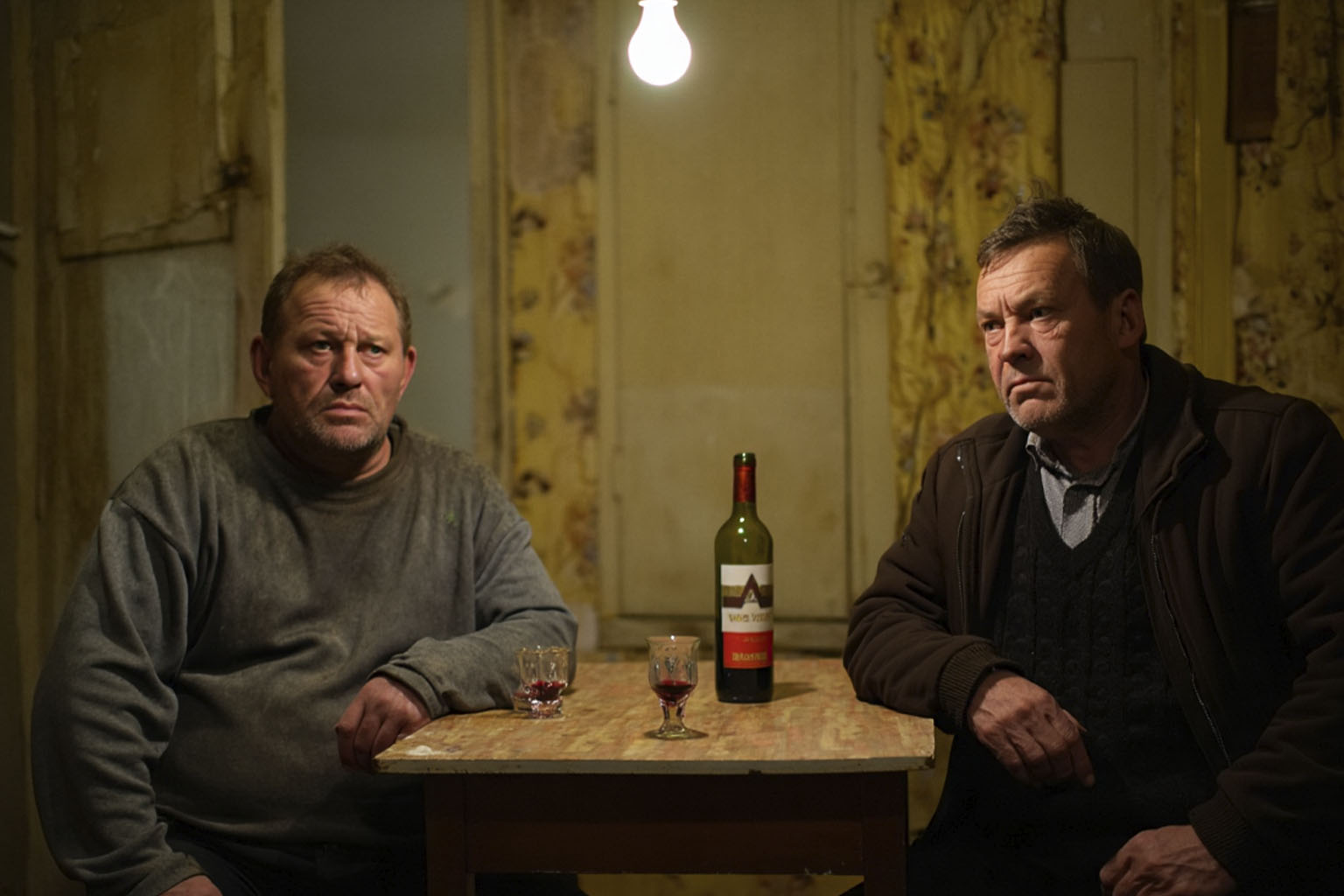 Двое мужчин сидят за столом с алкоголем